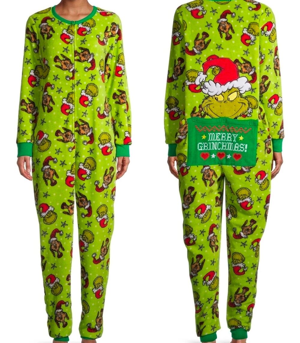 The Grinch Pajamas Womens One Piece Union Suit Drop Seat Back Flap Size Lg 12-14